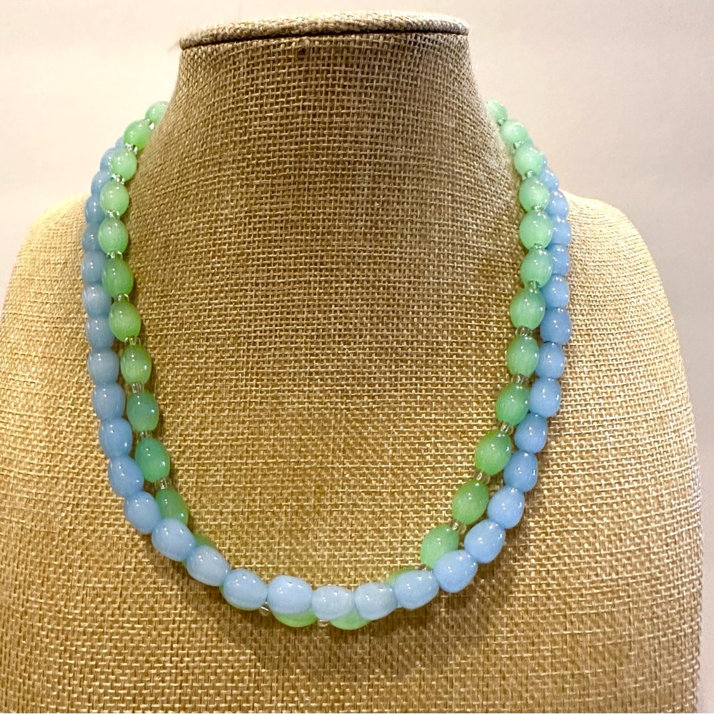 Gorgeous Glass Necklace 2 Strand Light Blue & Light Green Glass Beads, Silver